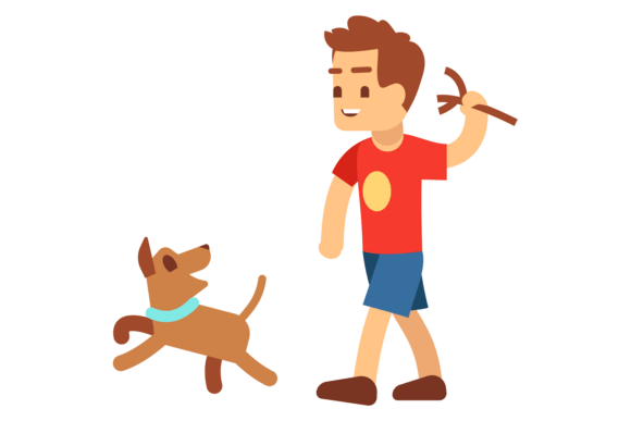 Boy Throw Stick to Dog. Pet Game Cartoon