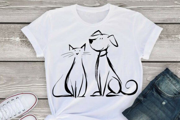 Cat and Dog Friendship Line Art Illustra