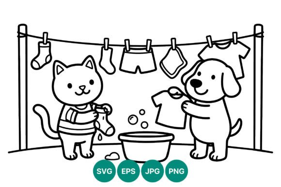 Cat and Dog Washing Clothes Line Art