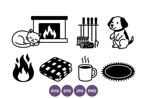 Cozy Cat and Dog by Fireplace Line Art