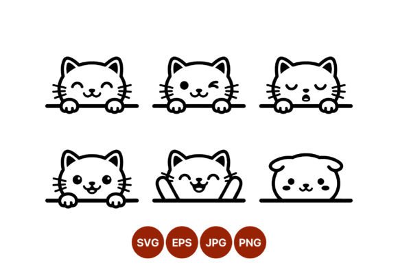 Cute Cat and Dog Faces Line Art