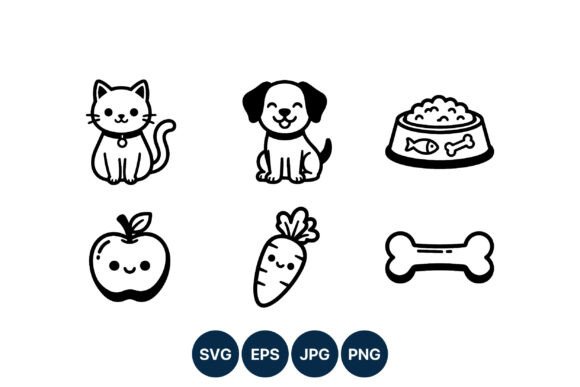 Cute Cat Dog Apple Carrot Line Art