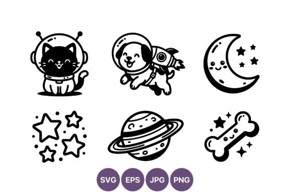 Cute Space Cat Dog Moon Stars Vector