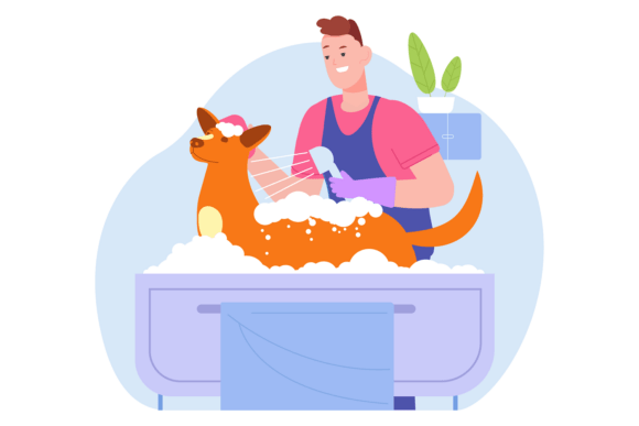 Dog Bath Icon. Professional Man Cleaning