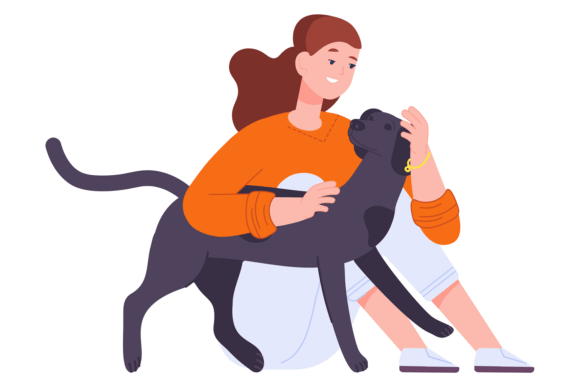 Girl Petting Dog. Young Woman Pet Owner