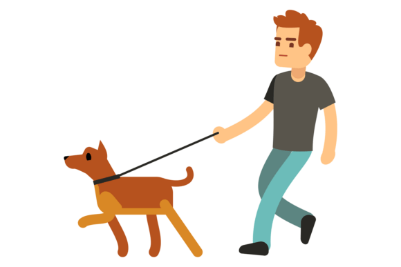 Guy Walk with Pet. Funny Dog Cartoon Cha