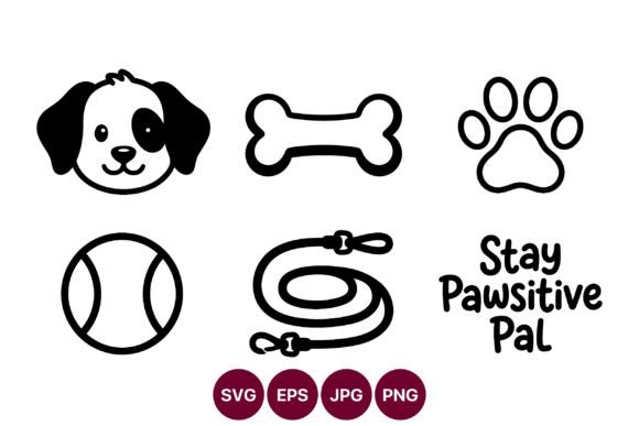 Line Art Dog Icons with Paw Print and