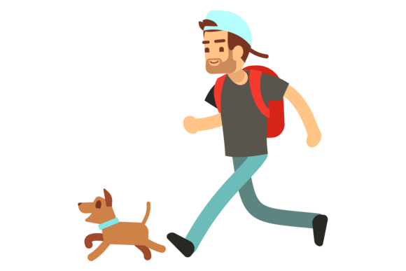 Running Man with Dog. Funny Pet Chase Ca