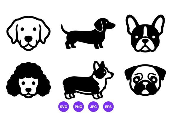 Six Dog Breed Icons Black and White