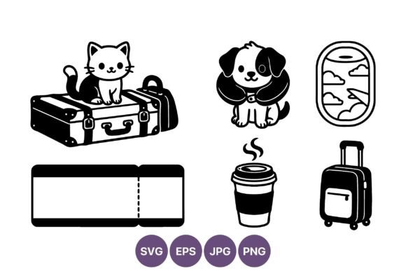 Travel Icons Cat Dog Coffee Plane Window